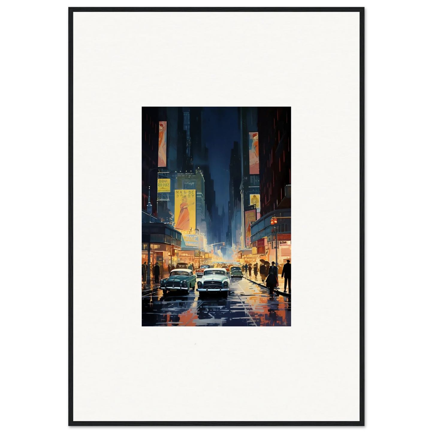 Framed canvas print of a rainy city street at night for cool room decoration