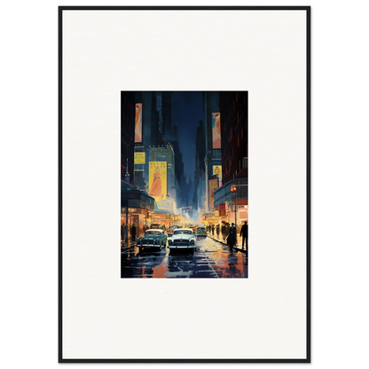 Framed canvas print of a rainy city street at night for cool room decoration