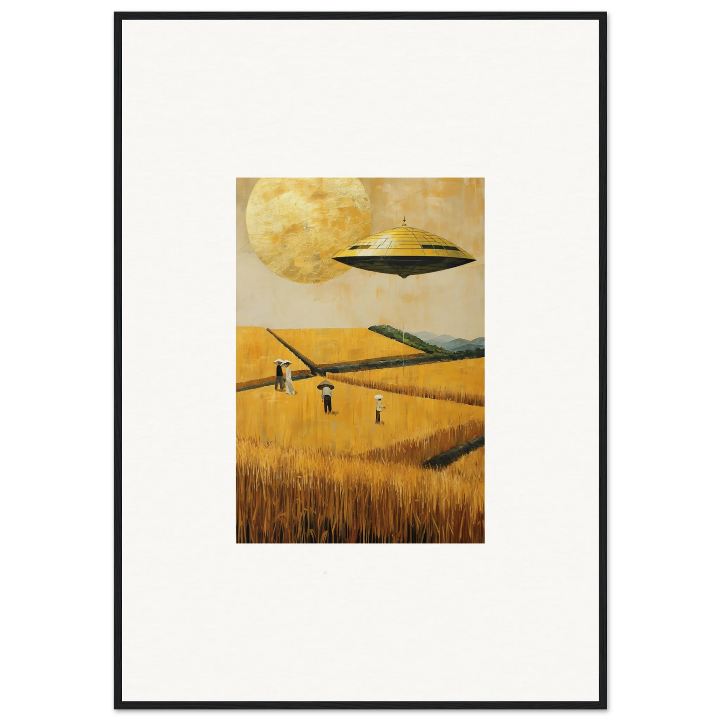 Framed canvas print of a UFO over a melancholy field, perfect for room decoration