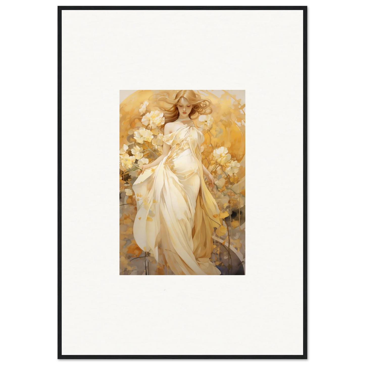 Framed canvas print of an ethereal woman in a silk dream white dress with golden flowers