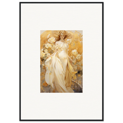 Framed canvas print of an ethereal woman in a silk dream white dress with golden flowers