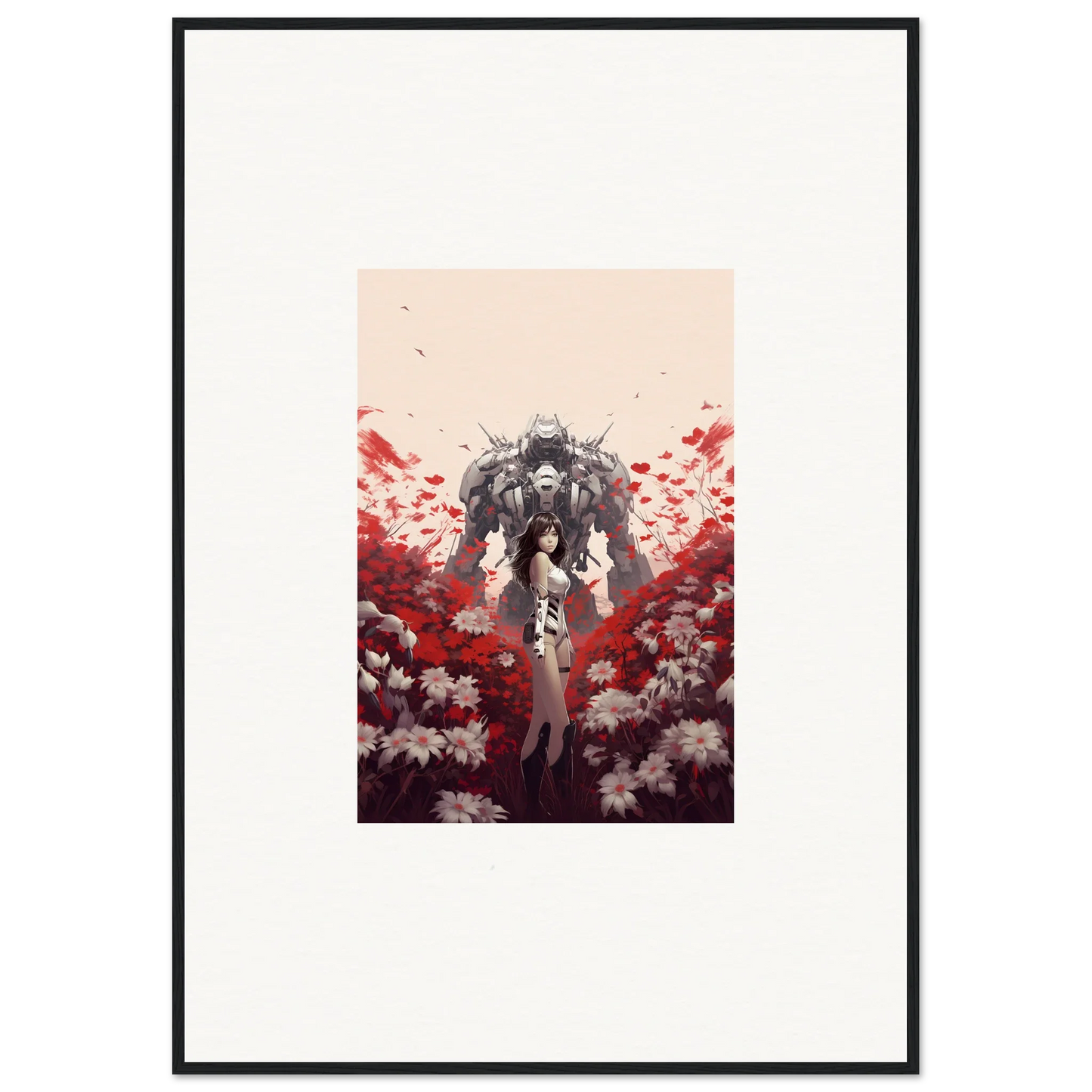 Robotic figure strolling through flowers, perfect for Boundary Whimsy room decoration canvas print