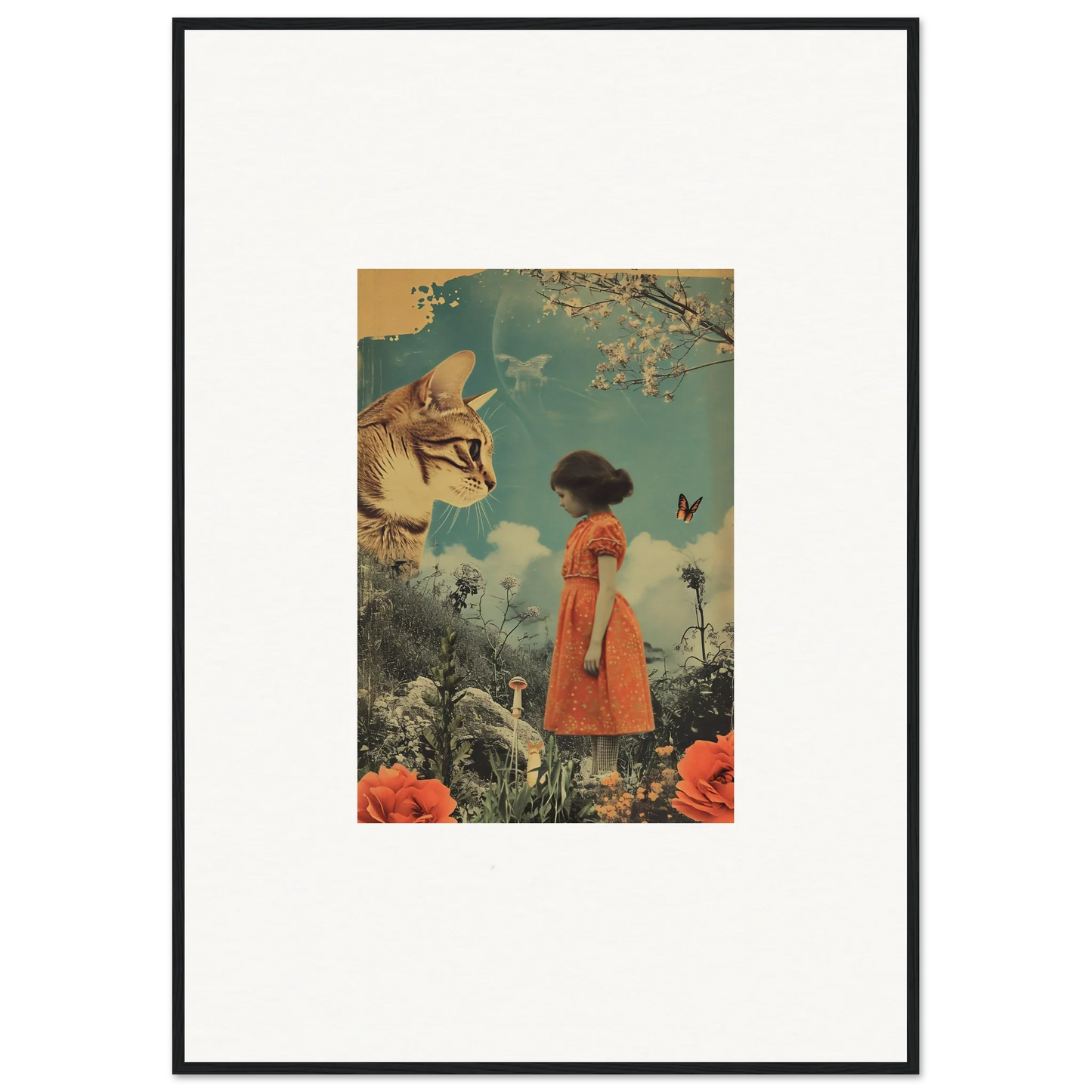 Framed collage of a girl in an orange dress with a giant cat head, perfect for room decoration