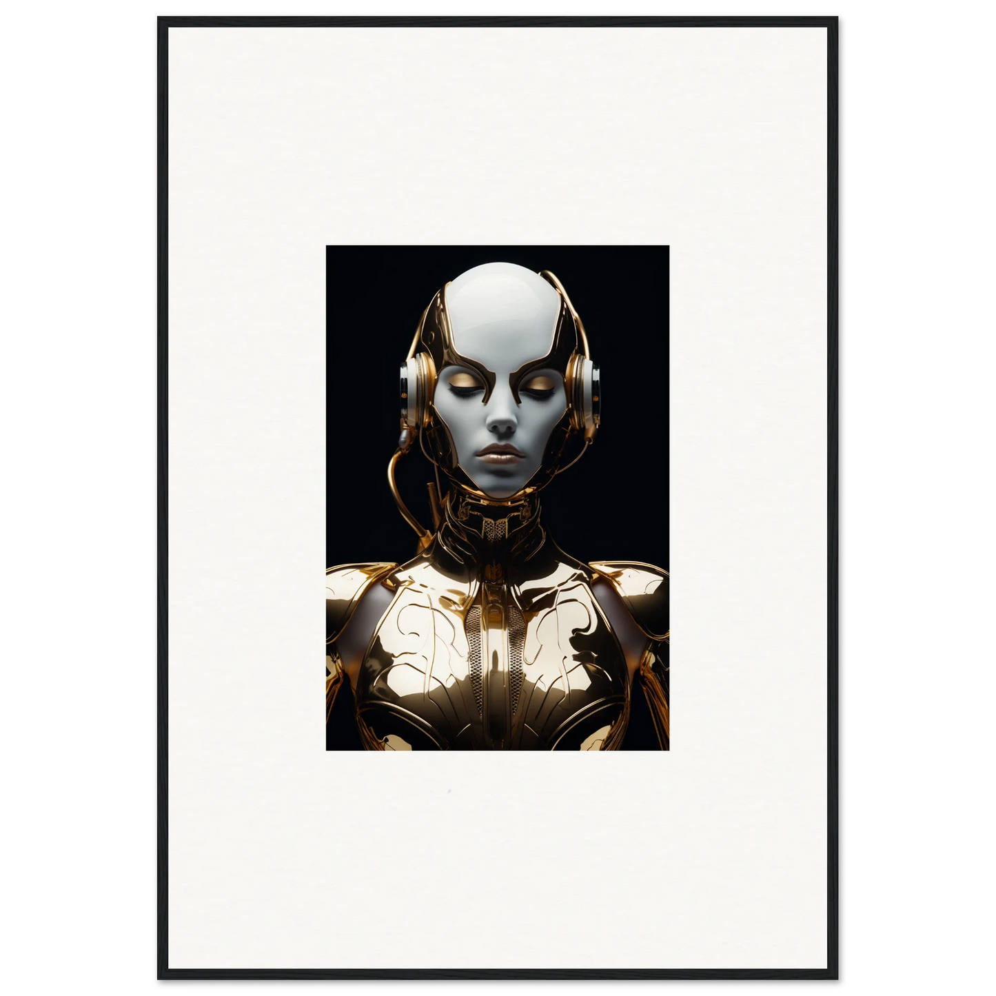 Futuristic humanoid robot with metallic face and golden accents, perfect for electrical elegance