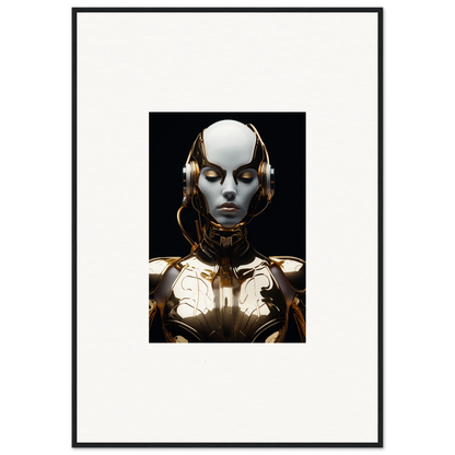 Futuristic humanoid robot with metallic face and golden accents, perfect for electrical elegance