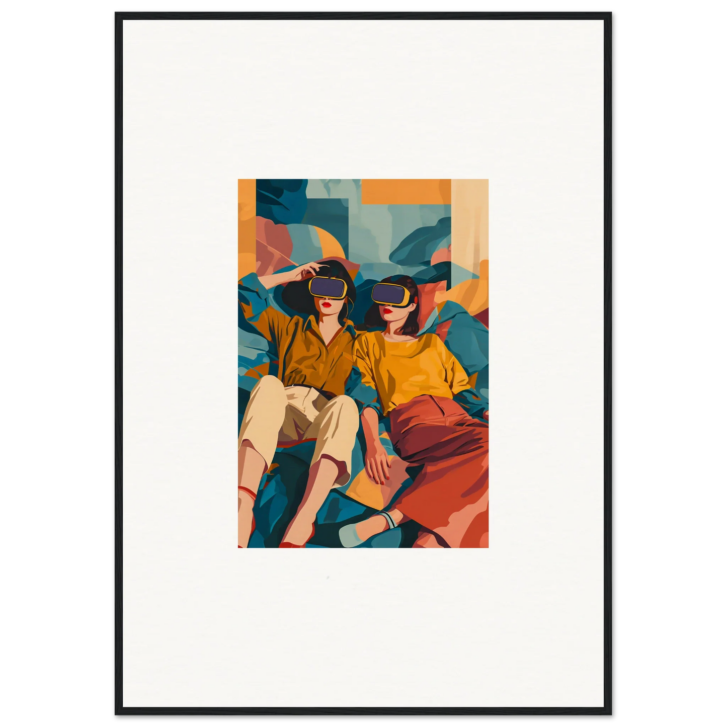 Framed canvas print of Cosmic Lovers Reve with two people in VR headsets for cool room decoration