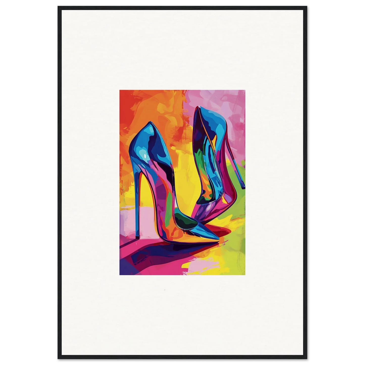 Vibrant high-heeled Eclipse Shoes in bold abstract style for room decoration or canvas print