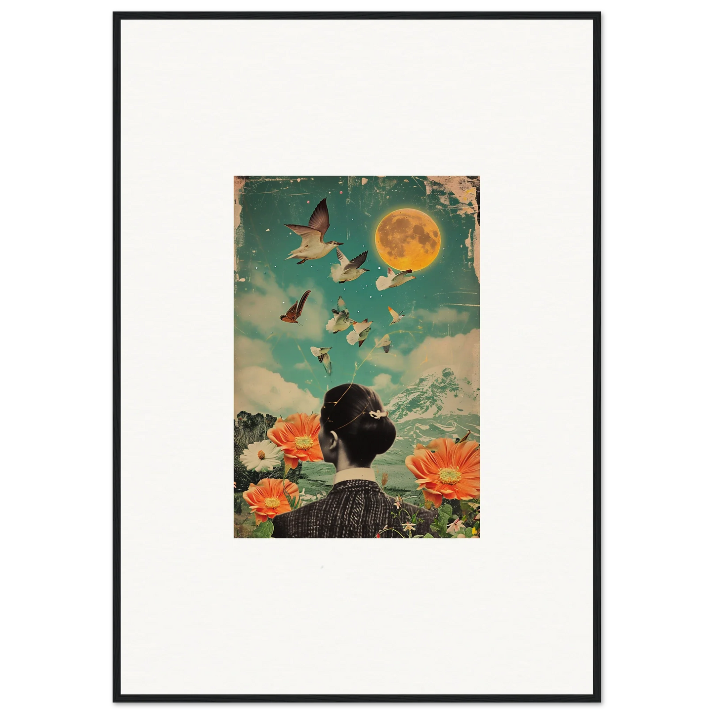 Framed canvas print of Lunar Bloom Reverie with a dreamy woman, flowers, and moon