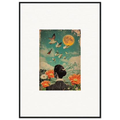 Framed canvas print of Lunar Bloom Reverie with a dreamy woman, flowers, and moon