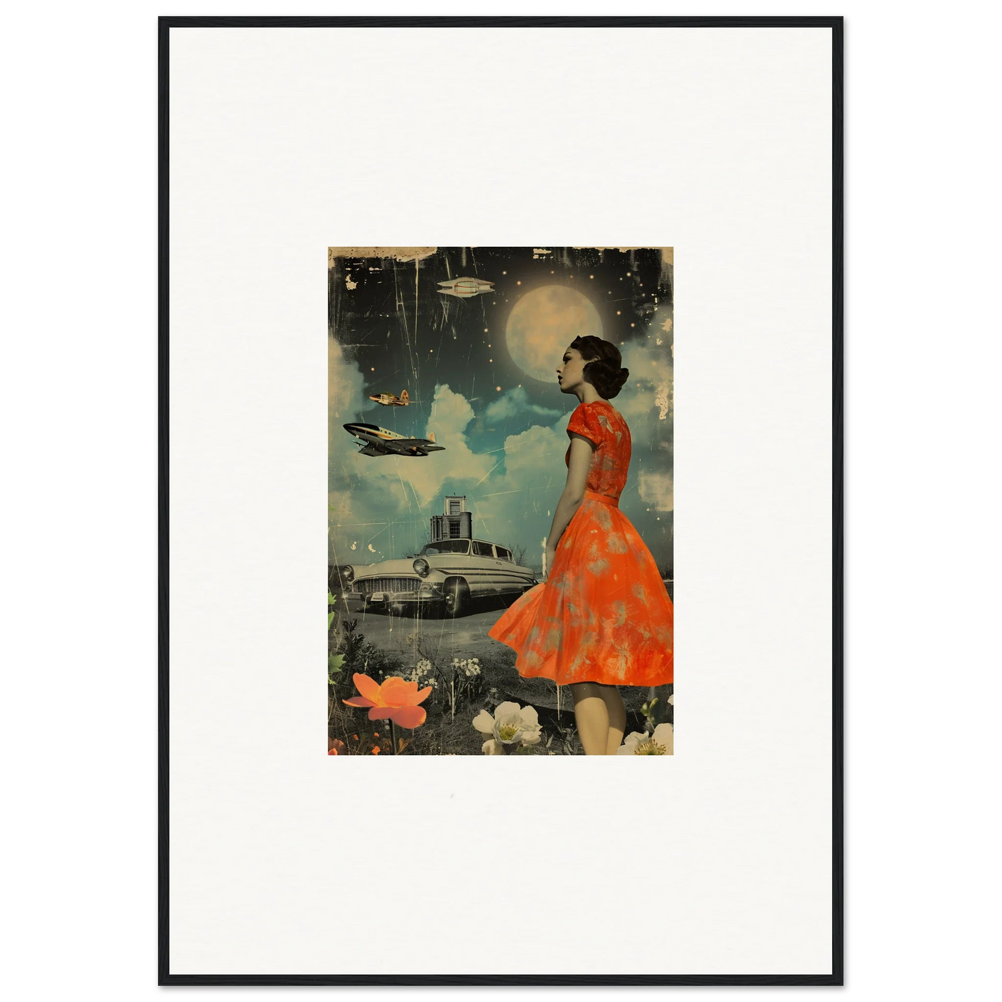 Framed vintage-style collage of a woman in an orange dress for retro bloom room decoration