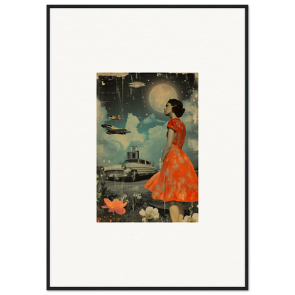 Framed vintage-style collage of a woman in an orange dress for retro bloom room decoration