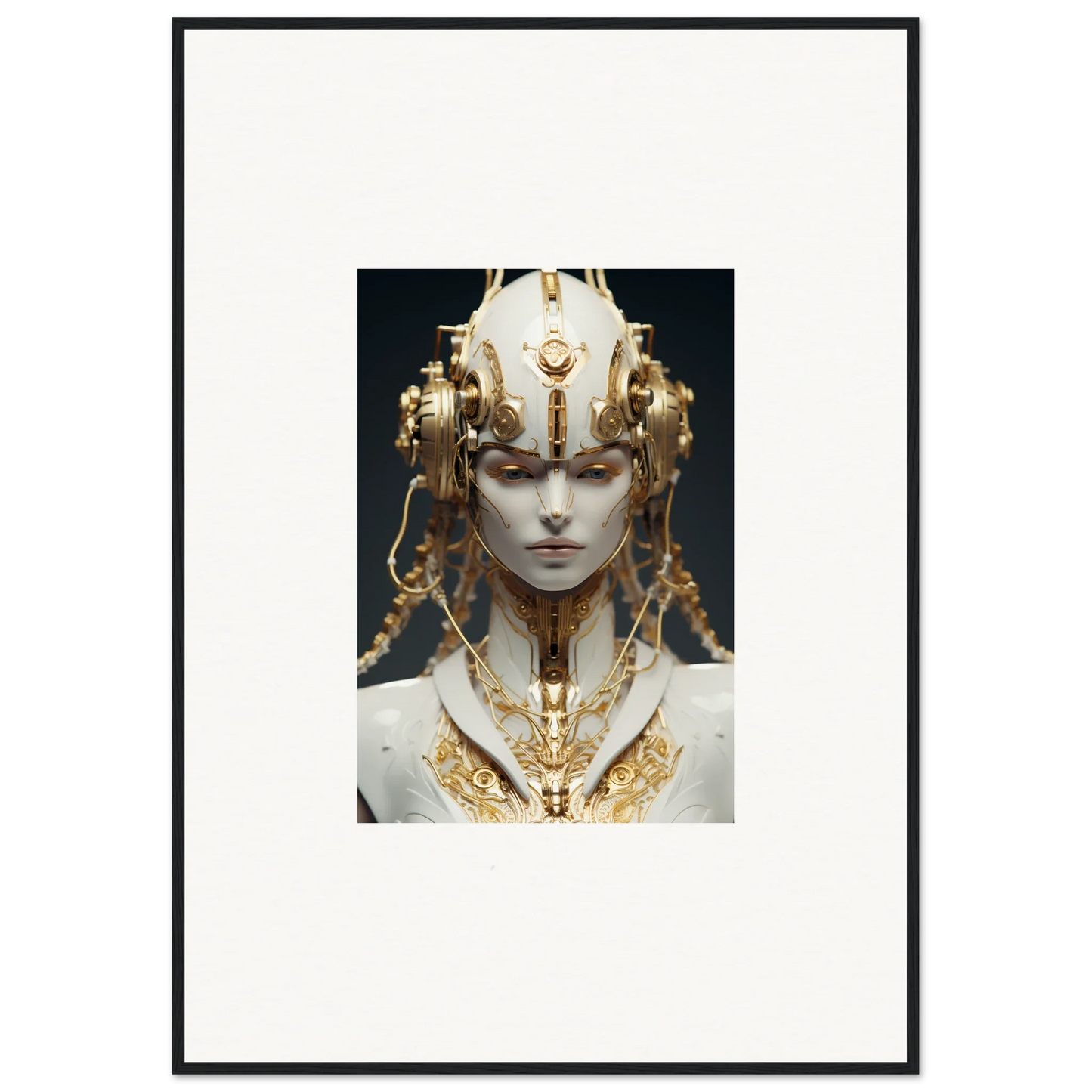 Ornate golden headdress and necklace on a pale figure for a stunning canvas print