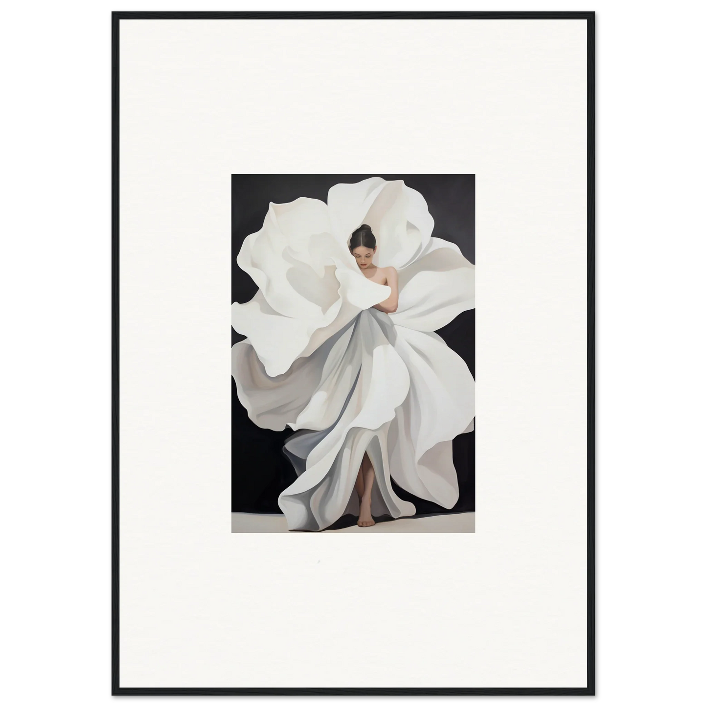 Woman in a flowing white dress like a giant flower petal for Ethereal Petal Whispers canvas print