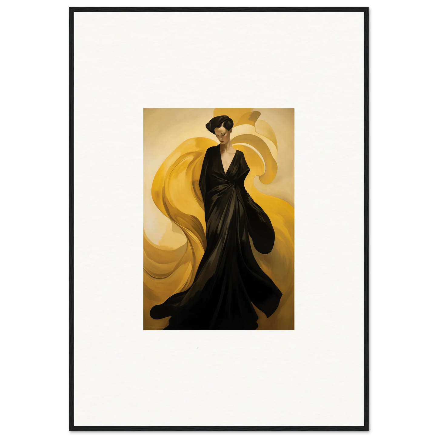 Elegant figure in black gown with golden sun waves backdrop for stunning room decoration