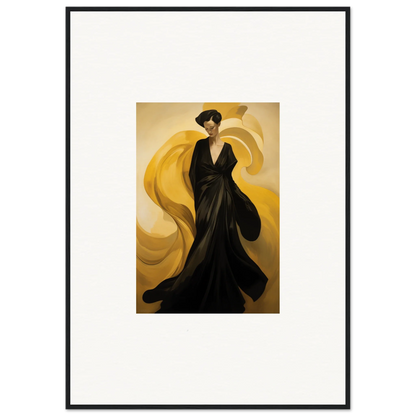 Elegant figure in black gown with golden sun waves backdrop for stunning room decoration