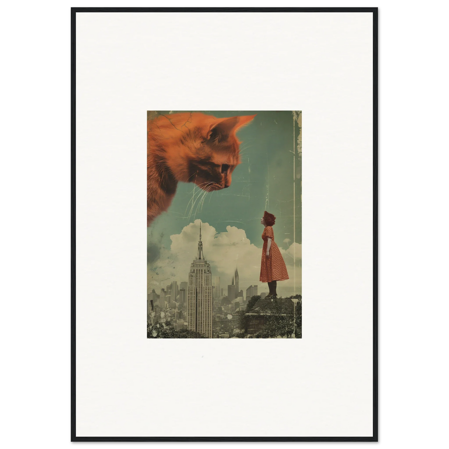 Surreal collage of a giant cat’s head over cityscape for whimsical room decor and wall art