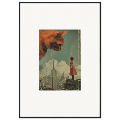 Surreal collage of a giant cat’s head over cityscape for whimsical room decor and wall art