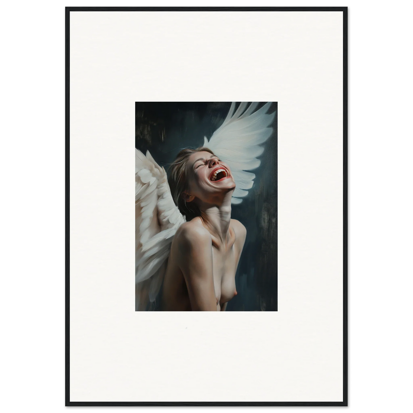 Framed canvas print of a person with white wings laughing for vibrant room decoration