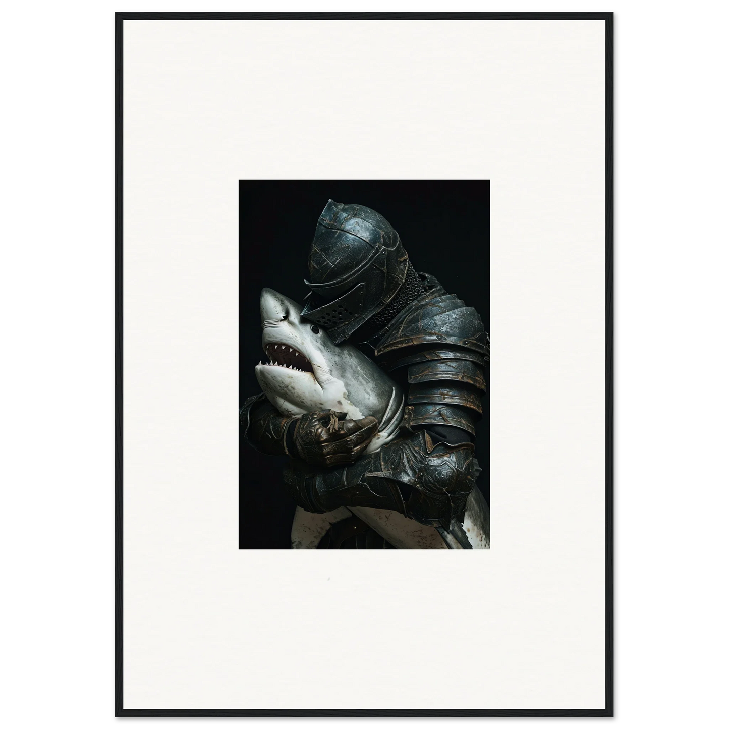 Surreal composite of a shark’s head in armor for unique room decoration canvas print