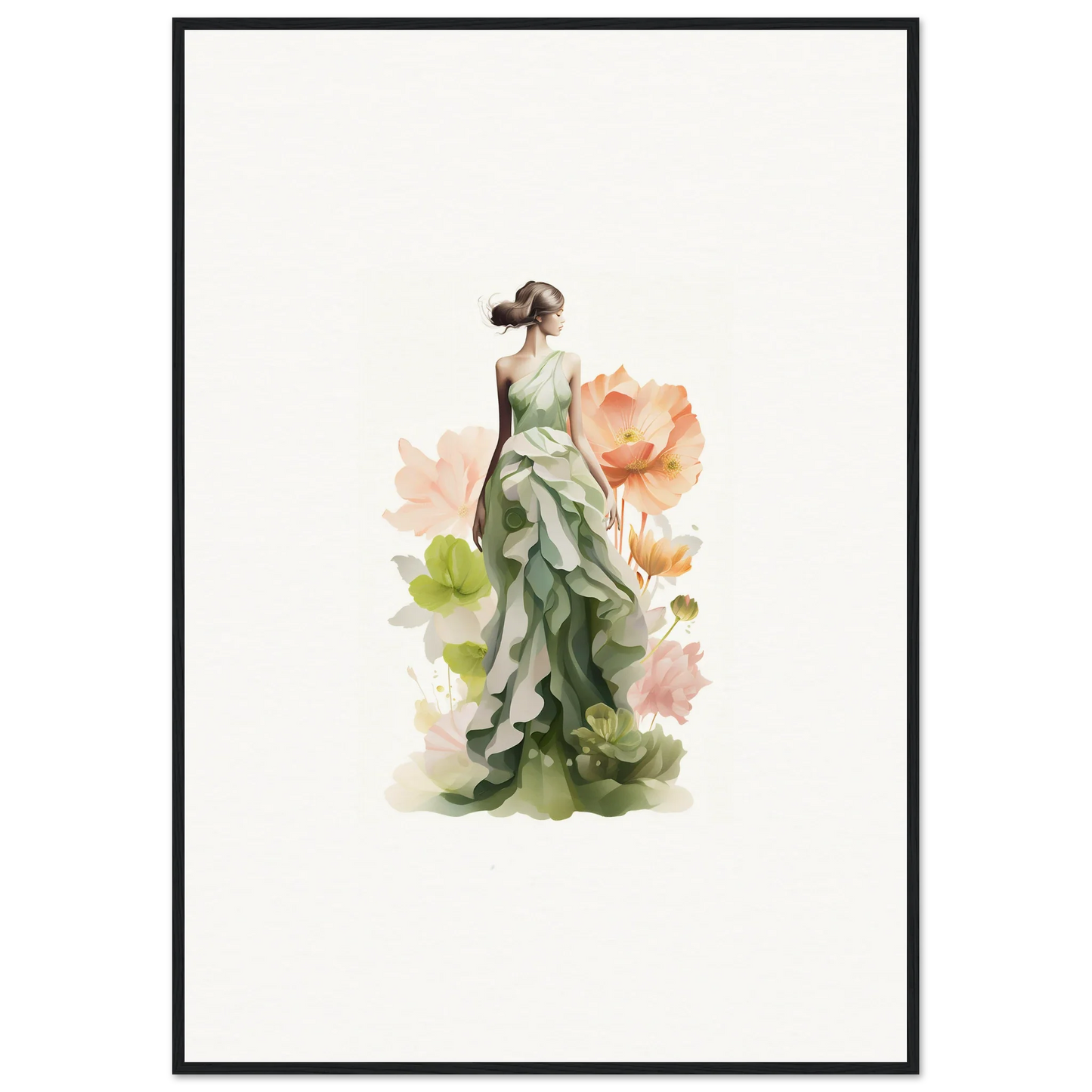 Elegant woman in green dress with floral accents for a Spring Symphony canvas print