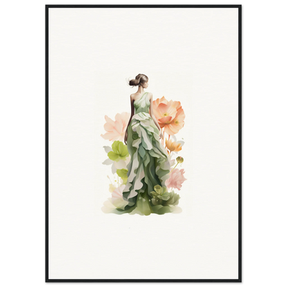 Elegant woman in green dress with floral accents for a Spring Symphony canvas print