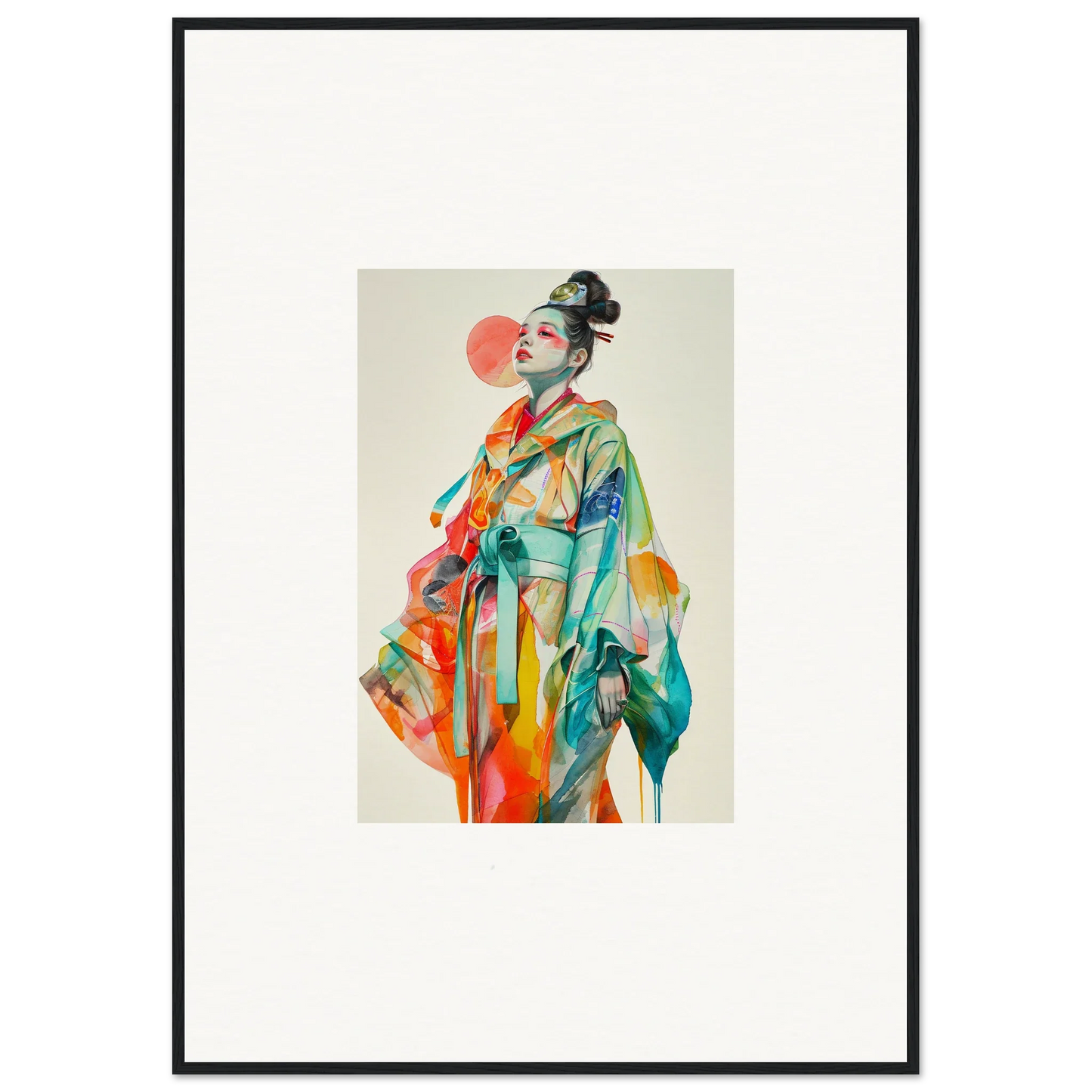 Colorful portrait in traditional attire, perfect for room decoration or canvas print, rainbow essence