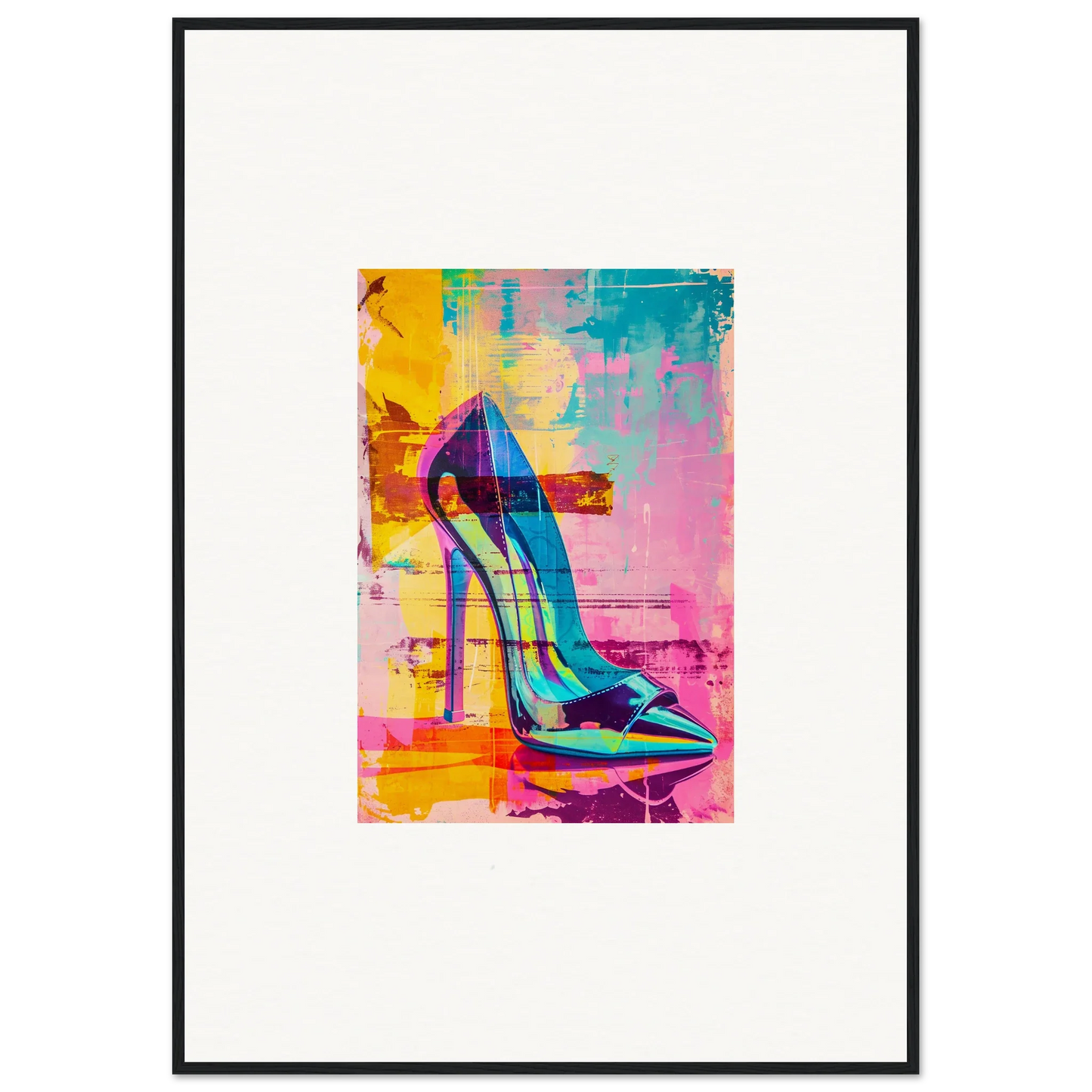 Colorful high-heeled shoe art in blue and purple for Noir Reverie room decor