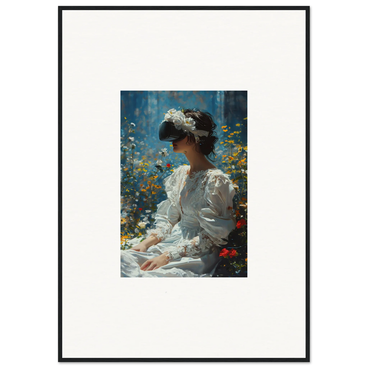 Framed canvas print of a woman in Victorian dress for Bloom Reverie room decoration