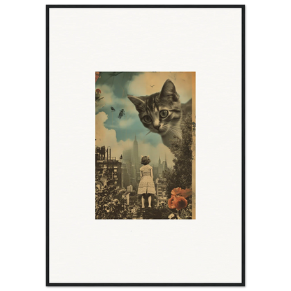 Surreal collage of a giant cat overlooking a city, perfect for a unique room decoration canvas print