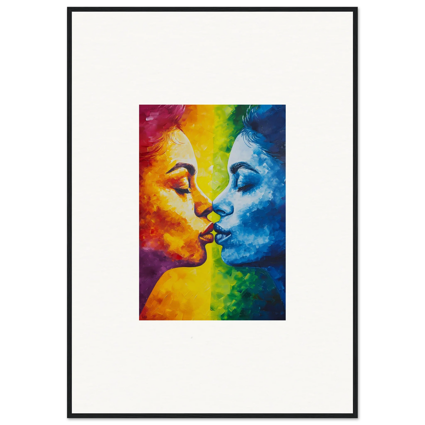 Vibrant rainbow painting of two faces kissing for a serene room decoration canvas print