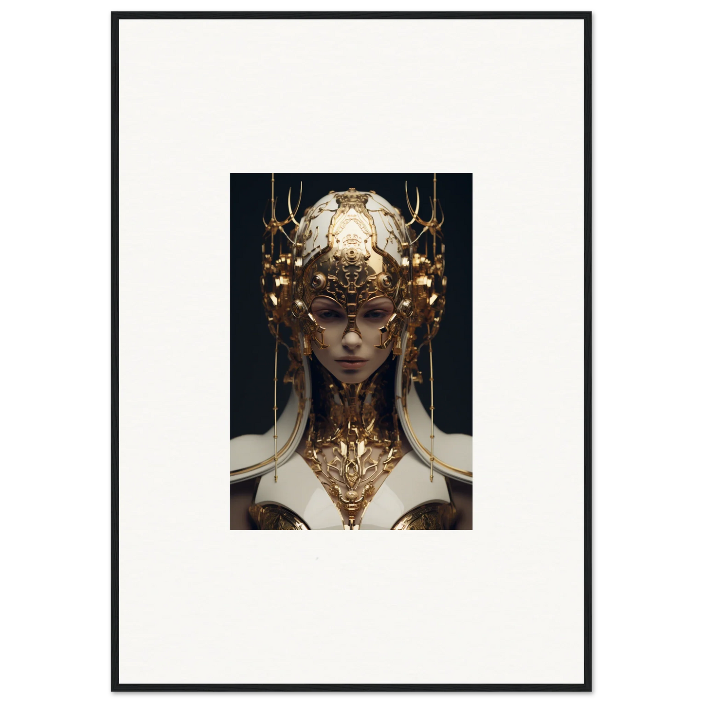 Ornate golden headdress on a figure, perfect for Ethereal Sovereign room decoration