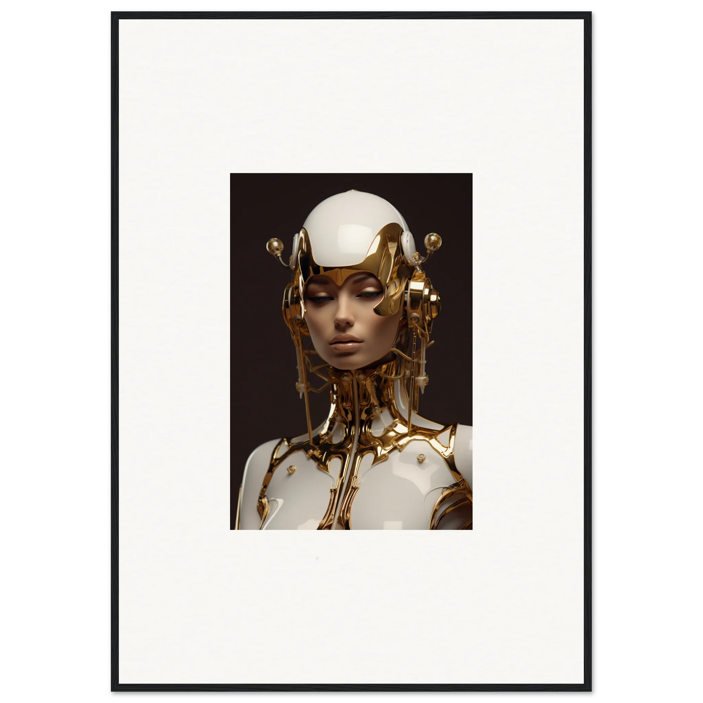 Futuristic humanoid figure with gold accents, perfect for wall art or room decoration