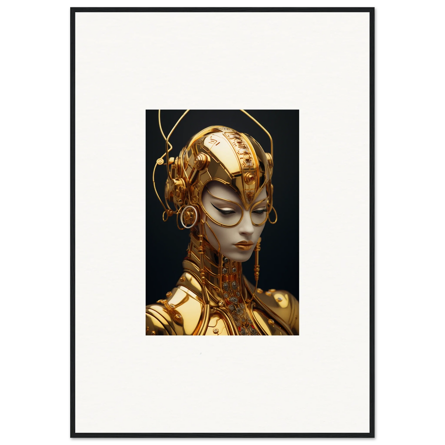 Futuristic golden Robot with closed eyes, perfect for Moulin Mystique room decoration