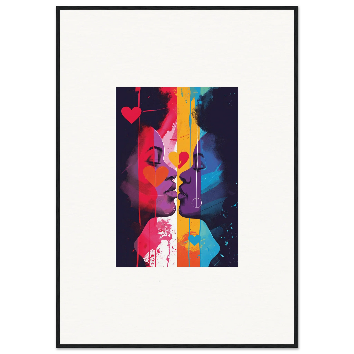 Colorful abstract artwork of two profiles kissing, perfect for room decoration or a canvas print