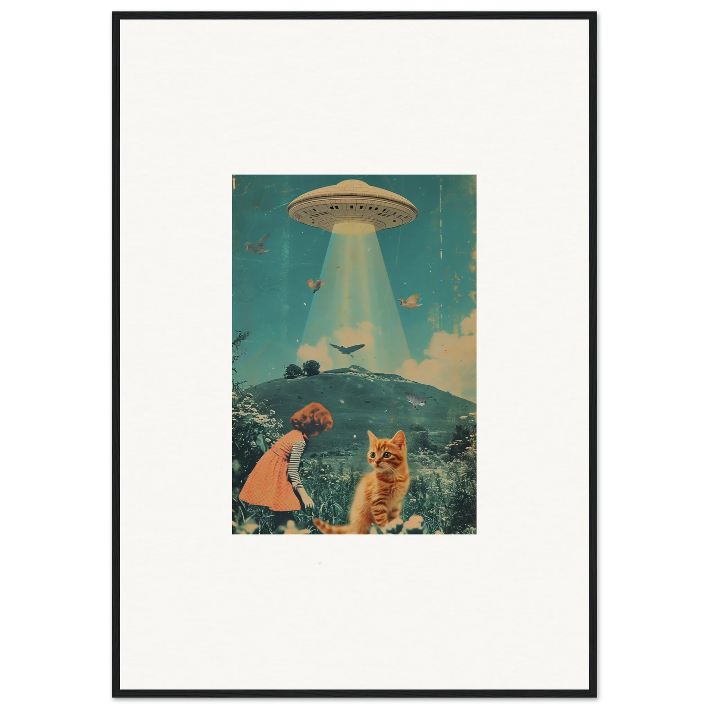 Surreal collage of a UFO, child, and cat for cool Room Decoration, Voyaging Moonflex Canvas Print