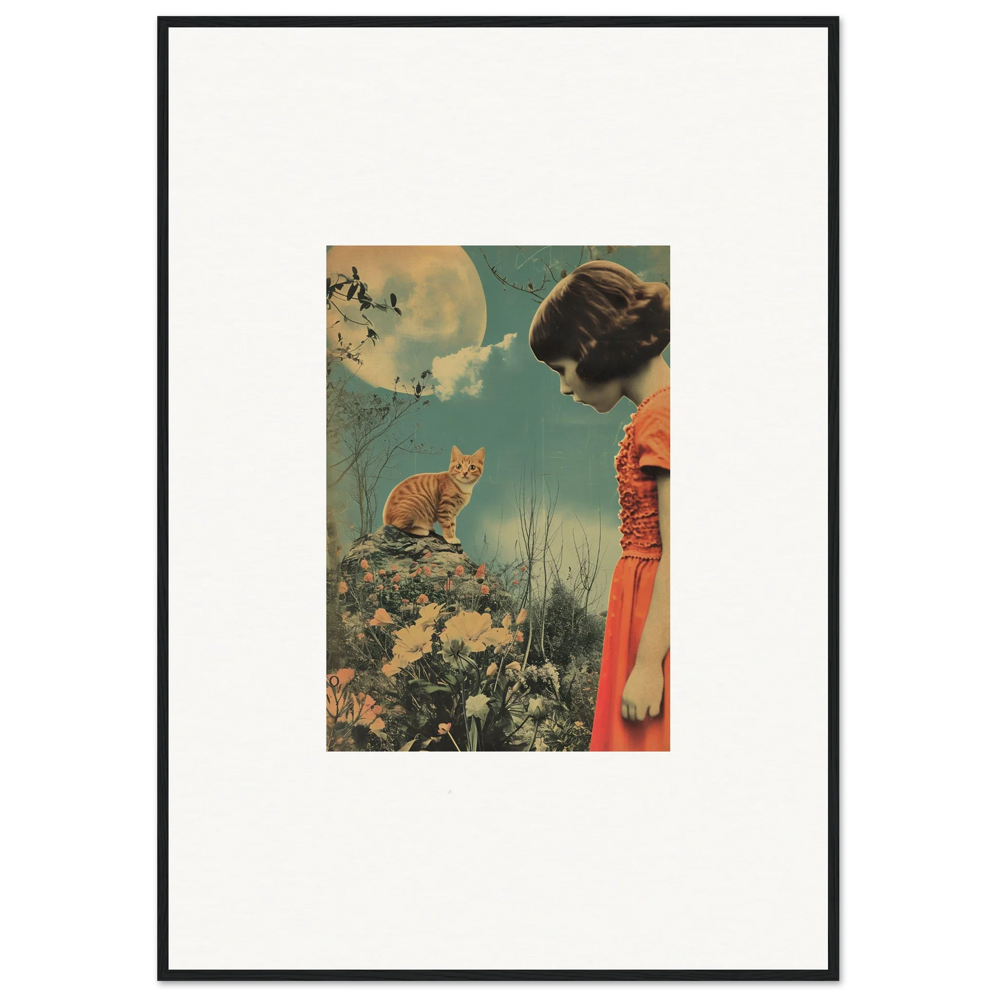 Framed canvas print of whimsical artwork with a woman in red dress and cat against surreal sky