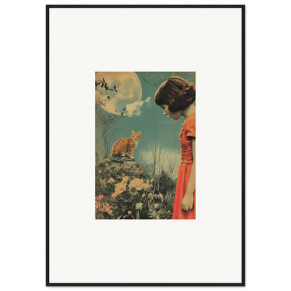 Framed canvas print of whimsical artwork with a woman in red dress and cat against surreal sky