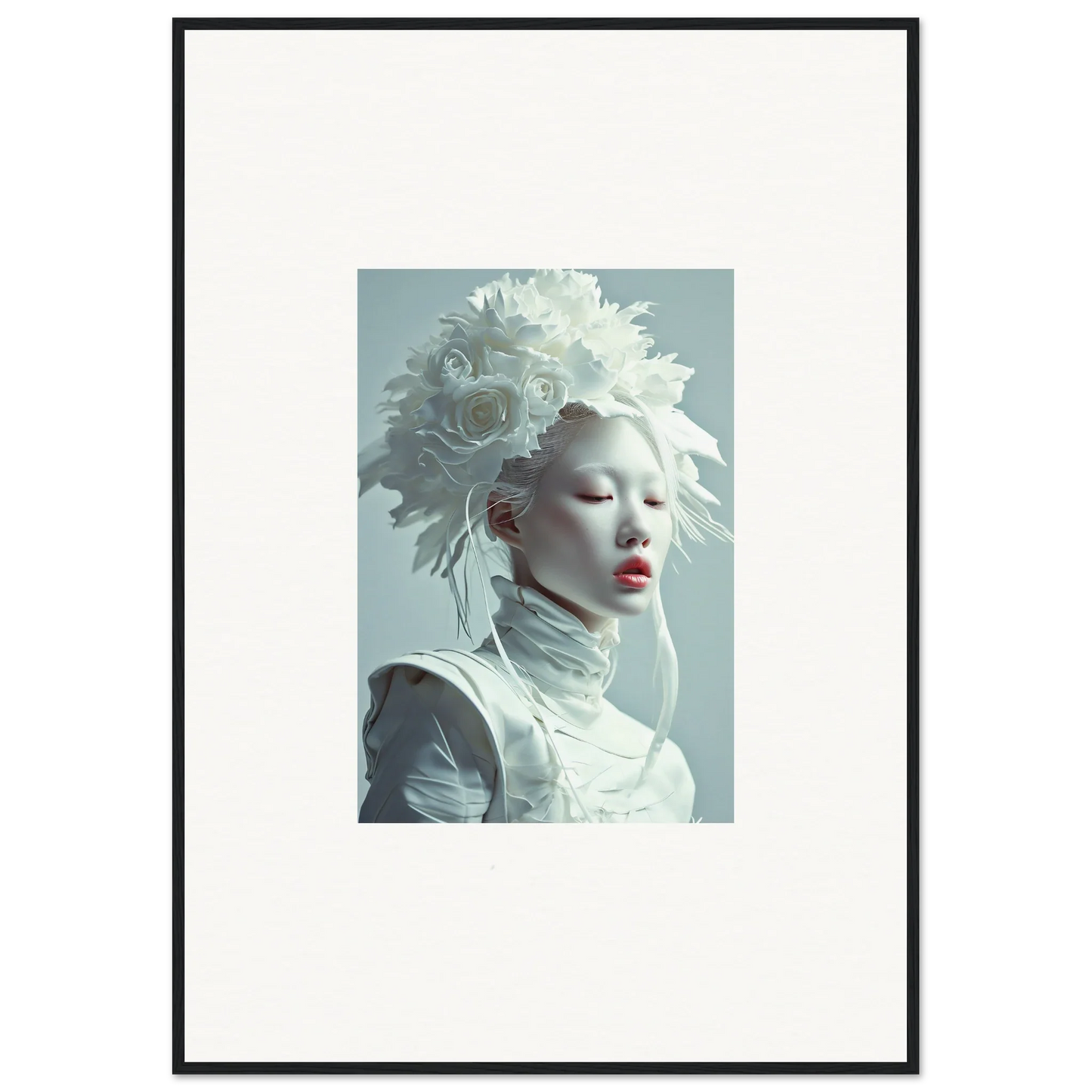 Portrait of a person in white makeup and headdress for Ethereal Petal Visions canvas print