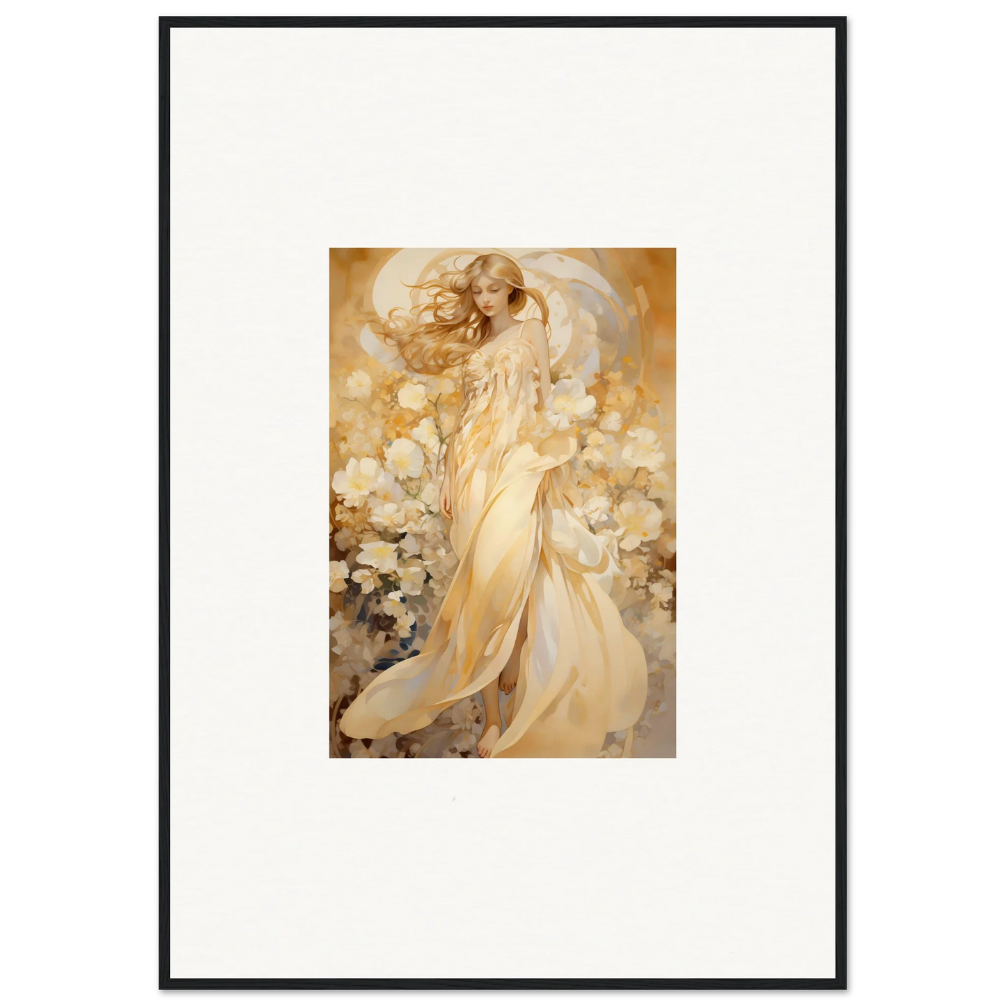 Ethereal woman in golden robes for floral harmony canvas print room decoration