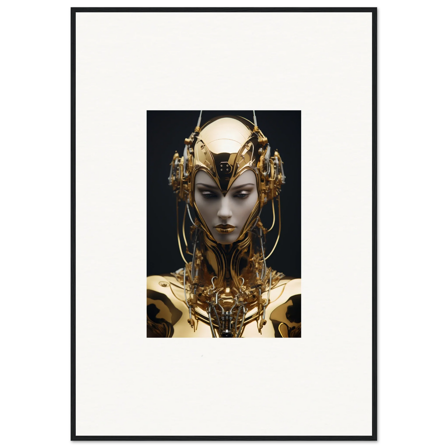 Futuristic golden robotic figure with headdress, perfect for a Chirping Inventrix canvas print