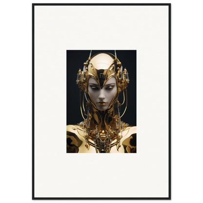 Futuristic golden robotic figure with headdress, perfect for a Chirping Inventrix canvas print