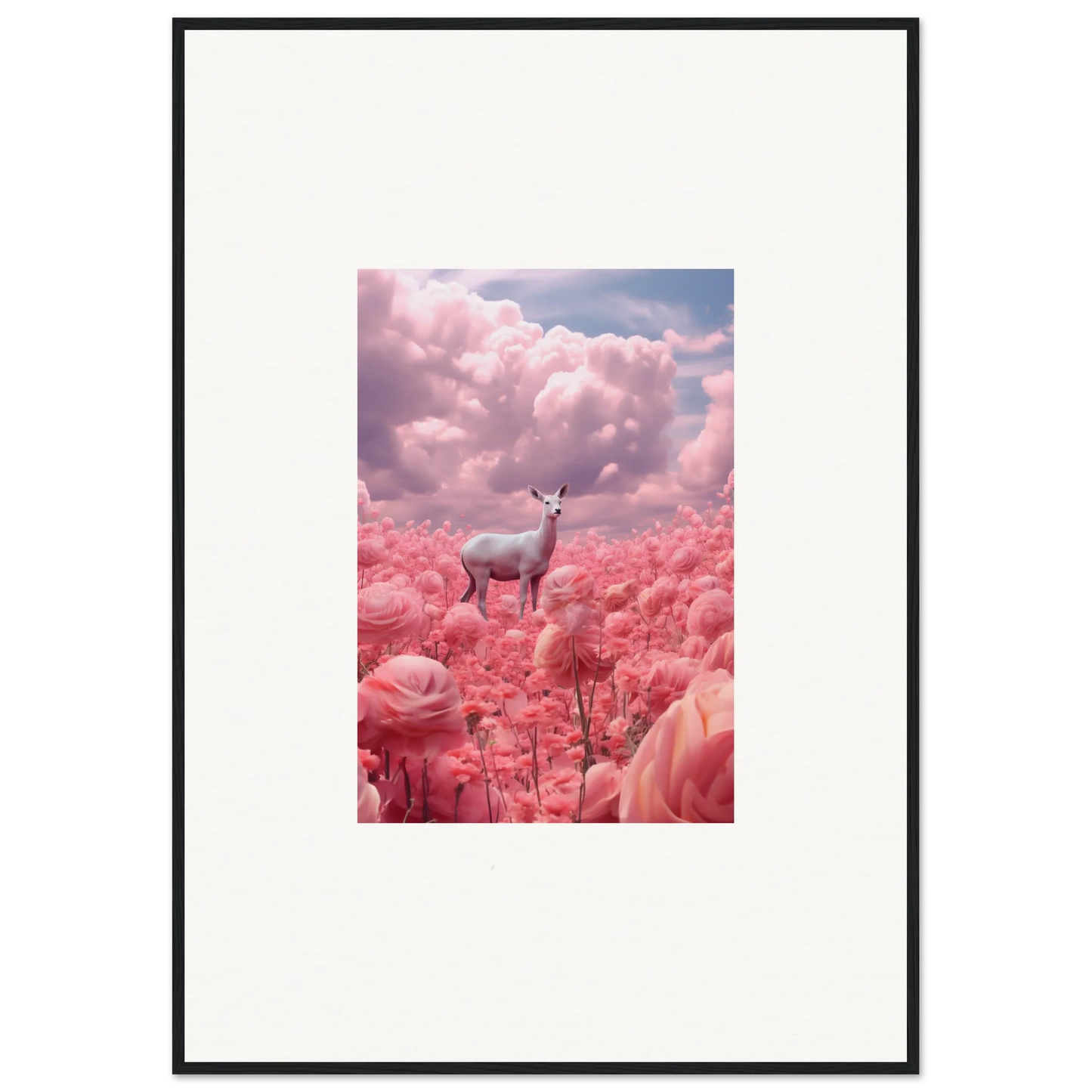 Deer in a field of pink flowers with rosy clouds for stylish wall art and room decoration