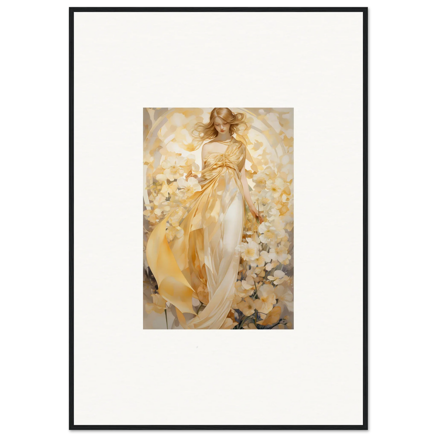 Ethereal woman in golden dress among flowers for a stunning canvas print room decoration