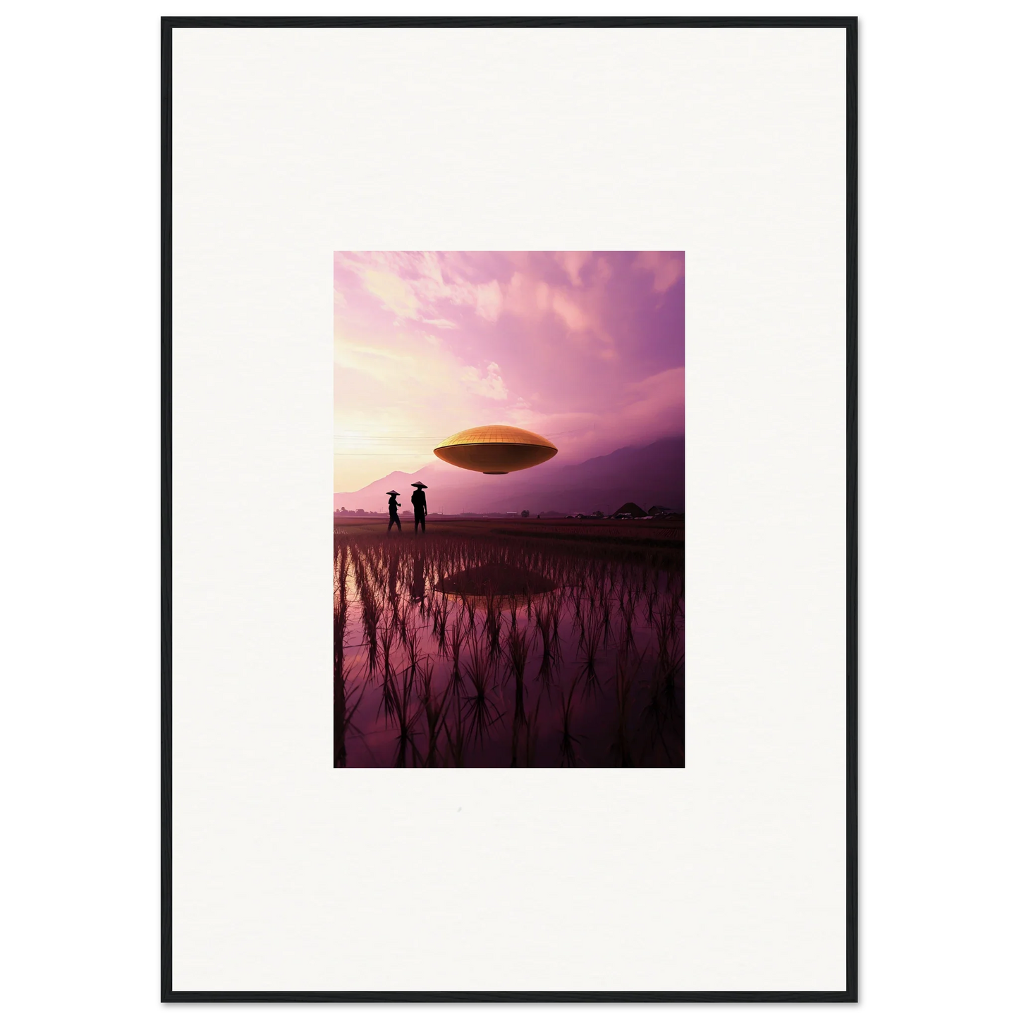 UFO over a flooded rice field at sunset, perfect for Violet Dreaming canvas print decor