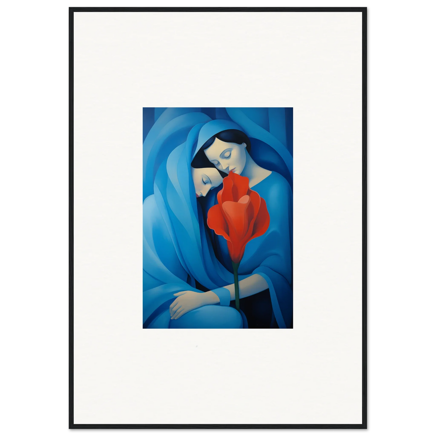 Painting of a woman in blue with a red heart, perfect for room decoration as a canvas print