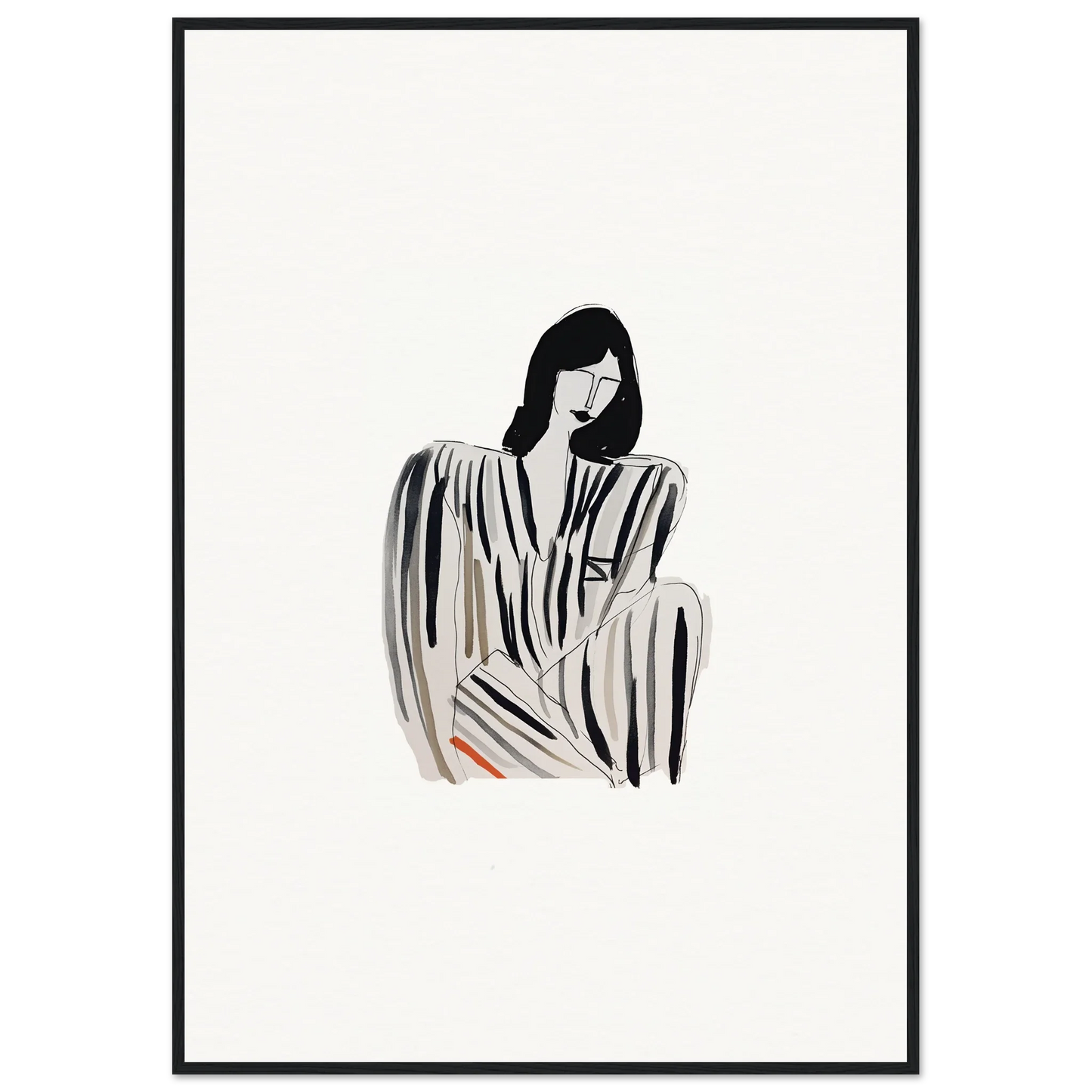 Minimalist black and white illustration of a seated figure in Striped Whispers Formals canvas print