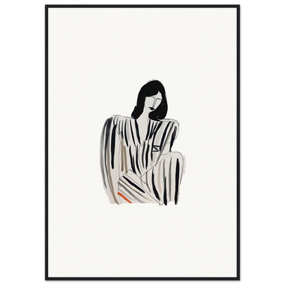 Minimalist black and white illustration of a seated figure in Striped Whispers Formals canvas print