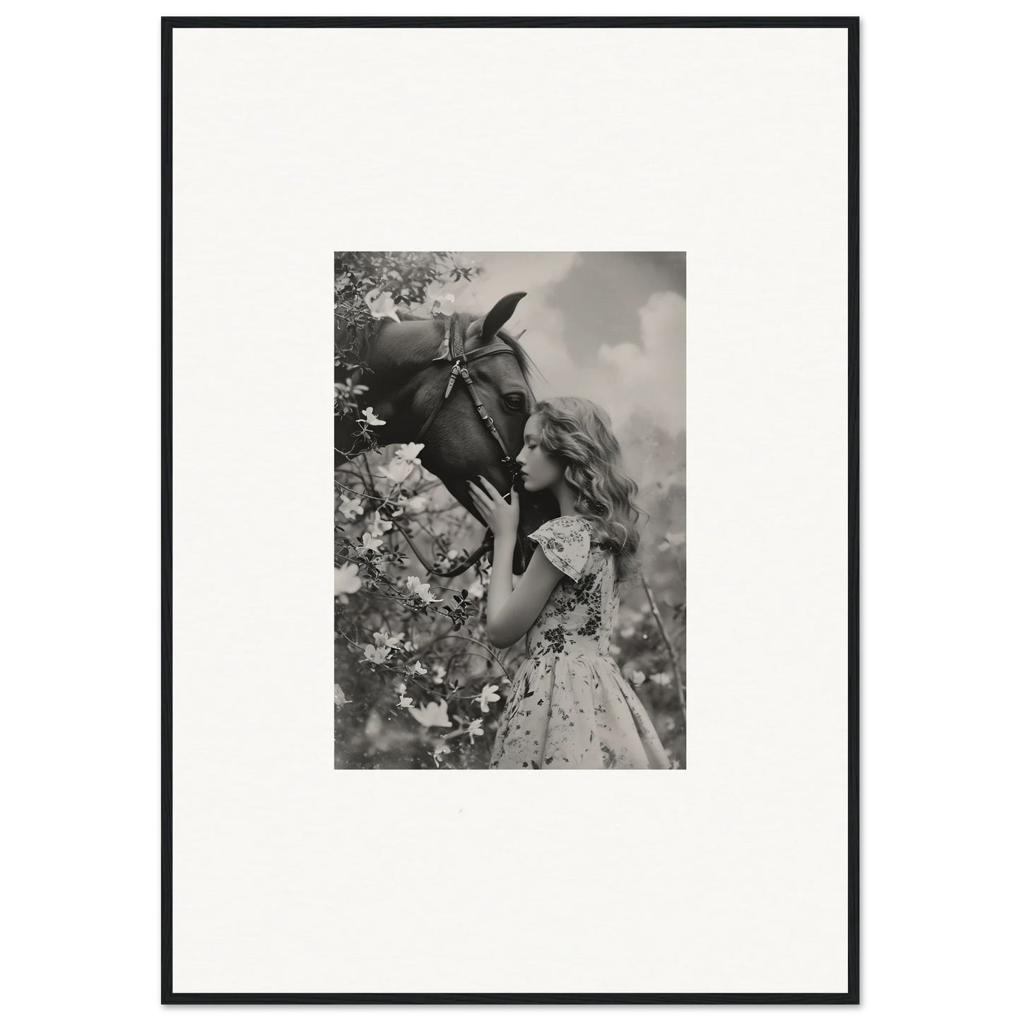 Young girl kissing a donkey in a black and white canvas print for room decoration