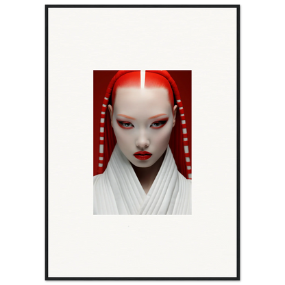 Portrait of a person with bold white makeup and red accents on Pome Artcard Whisper