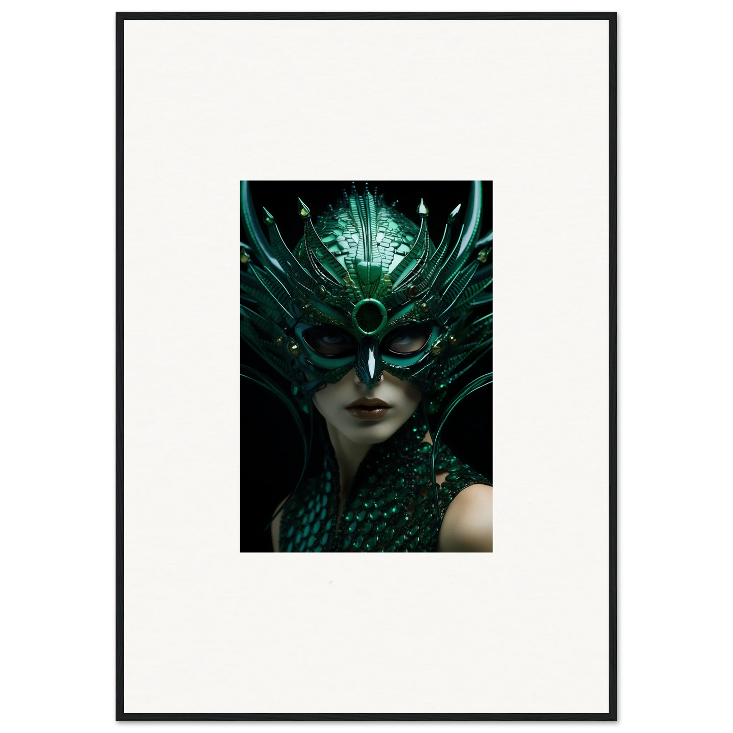 Ornate green mask with feathers, perfect for enigma enunciations and room decoration